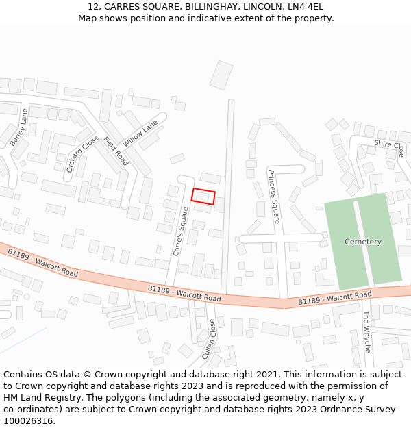 12, CARRES SQUARE, BILLINGHAY, LINCOLN, LN4 4EL: Location map and indicative extent of plot