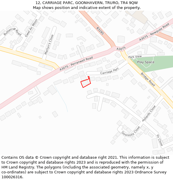 12, CARRIAGE PARC, GOONHAVERN, TRURO, TR4 9QW: Location map and indicative extent of plot
