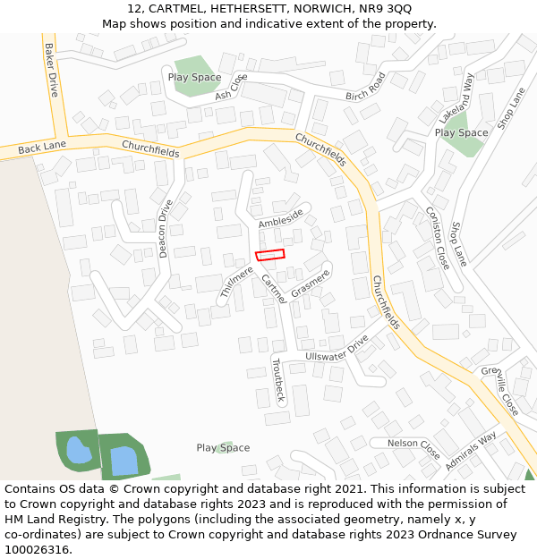 12, CARTMEL, HETHERSETT, NORWICH, NR9 3QQ: Location map and indicative extent of plot