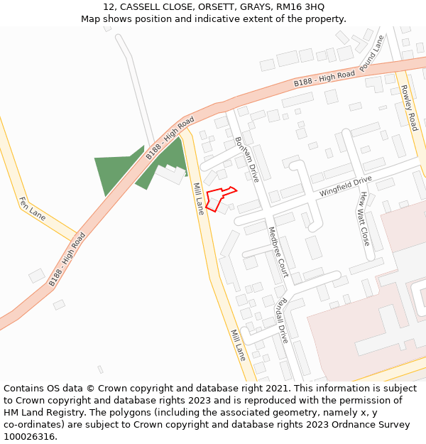 12, CASSELL CLOSE, ORSETT, GRAYS, RM16 3HQ: Location map and indicative extent of plot