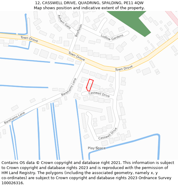 12, CASSWELL DRIVE, QUADRING, SPALDING, PE11 4QW: Location map and indicative extent of plot