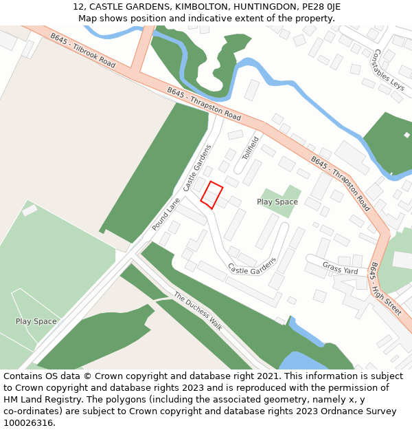 12, CASTLE GARDENS, KIMBOLTON, HUNTINGDON, PE28 0JE: Location map and indicative extent of plot