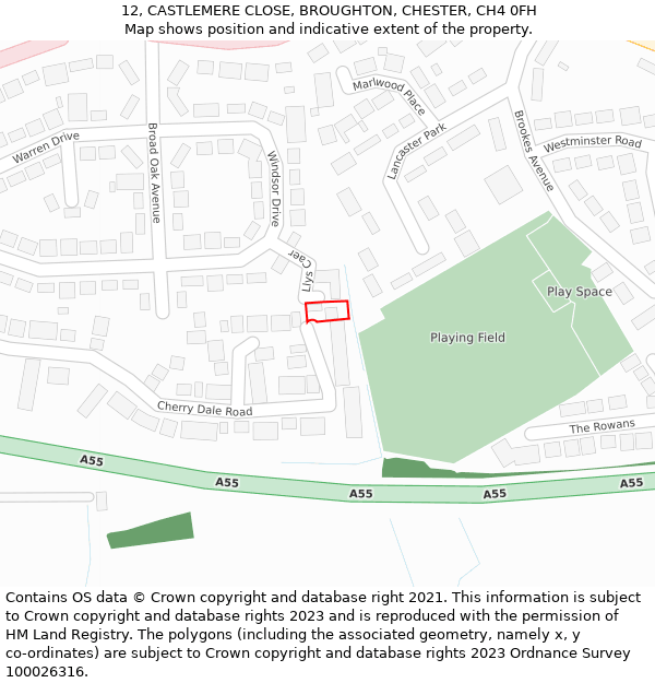 12, CASTLEMERE CLOSE, BROUGHTON, CHESTER, CH4 0FH: Location map and indicative extent of plot