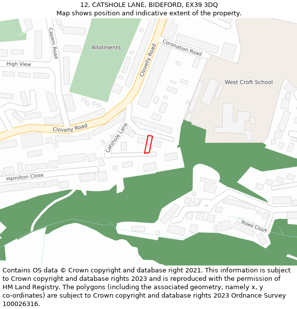 12, CATSHOLE LANE, BIDEFORD, EX39 3DQ: Location map and indicative extent of plot