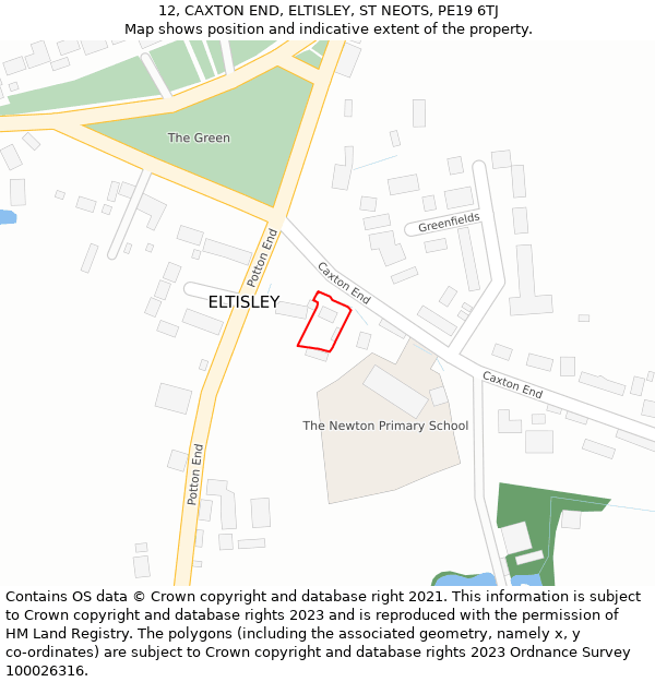 12, CAXTON END, ELTISLEY, ST NEOTS, PE19 6TJ: Location map and indicative extent of plot