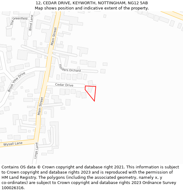 12, CEDAR DRIVE, KEYWORTH, NOTTINGHAM, NG12 5AB: Location map and indicative extent of plot