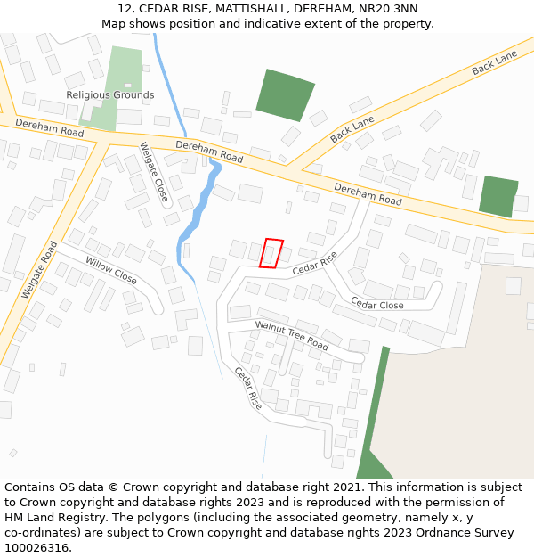 12, CEDAR RISE, MATTISHALL, DEREHAM, NR20 3NN: Location map and indicative extent of plot