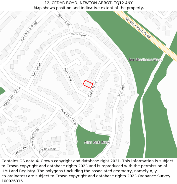 12, CEDAR ROAD, NEWTON ABBOT, TQ12 4NY: Location map and indicative extent of plot