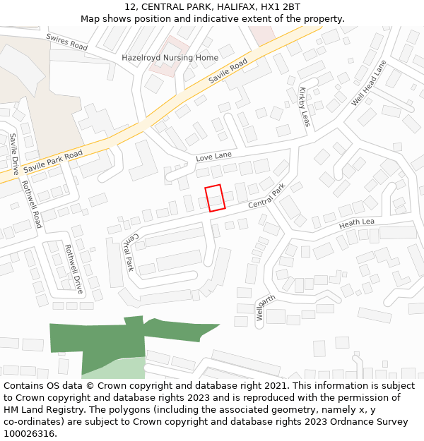 12, CENTRAL PARK, HALIFAX, HX1 2BT: Location map and indicative extent of plot