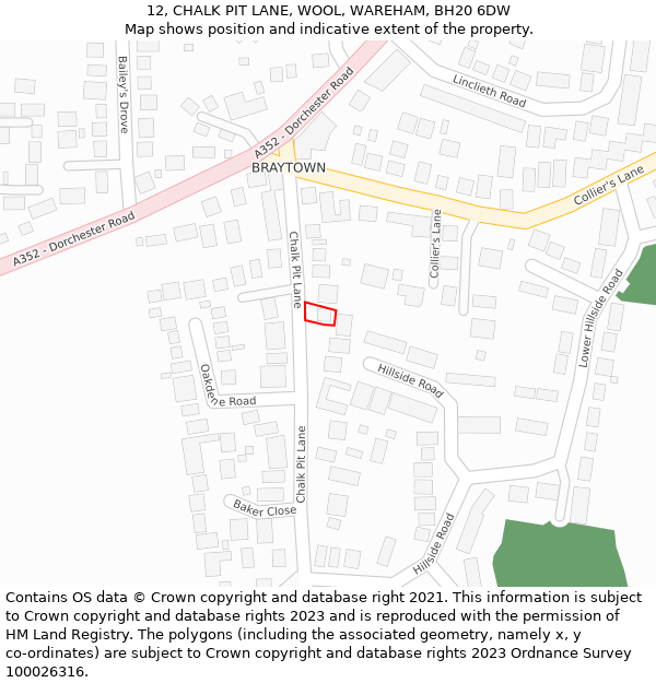 12, CHALK PIT LANE, WOOL, WAREHAM, BH20 6DW: Location map and indicative extent of plot