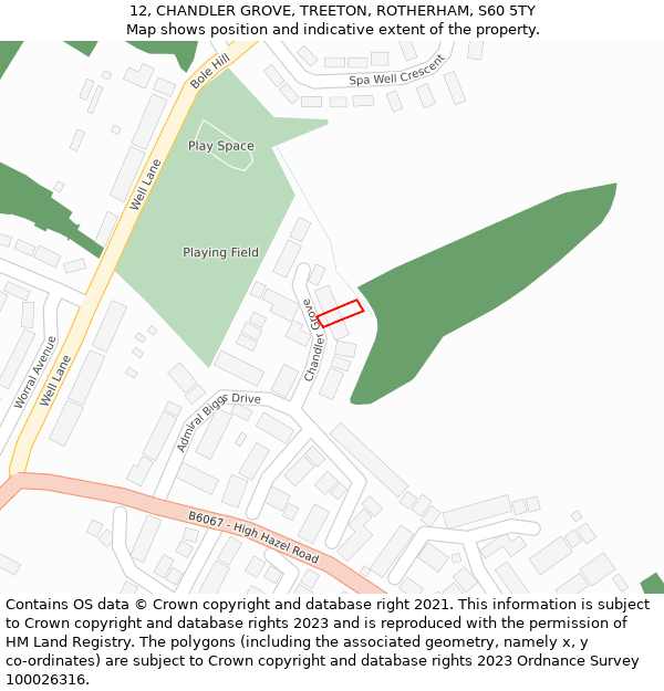 12, CHANDLER GROVE, TREETON, ROTHERHAM, S60 5TY: Location map and indicative extent of plot