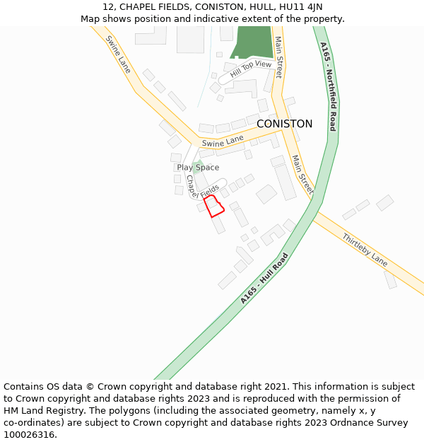 12, CHAPEL FIELDS, CONISTON, HULL, HU11 4JN: Location map and indicative extent of plot