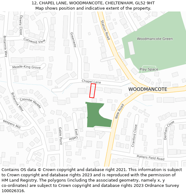 12, CHAPEL LANE, WOODMANCOTE, CHELTENHAM, GL52 9HT: Location map and indicative extent of plot