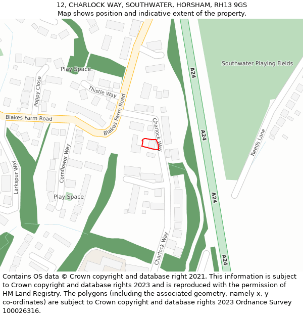 12, CHARLOCK WAY, SOUTHWATER, HORSHAM, RH13 9GS: Location map and indicative extent of plot