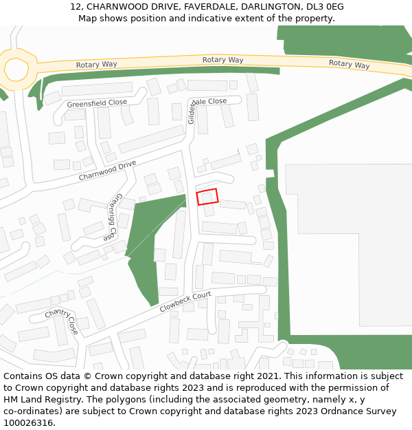 12, CHARNWOOD DRIVE, FAVERDALE, DARLINGTON, DL3 0EG: Location map and indicative extent of plot