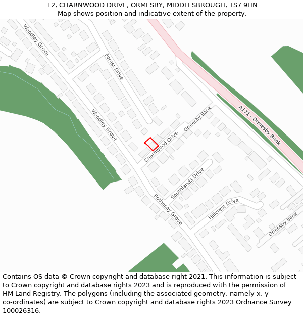 12, CHARNWOOD DRIVE, ORMESBY, MIDDLESBROUGH, TS7 9HN: Location map and indicative extent of plot