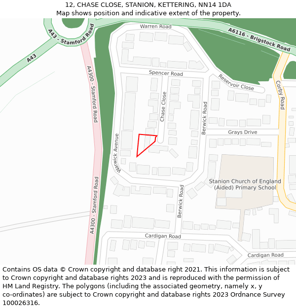 12, CHASE CLOSE, STANION, KETTERING, NN14 1DA: Location map and indicative extent of plot