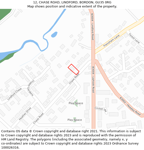 12, CHASE ROAD, LINDFORD, BORDON, GU35 0RG: Location map and indicative extent of plot