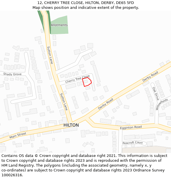 12, CHERRY TREE CLOSE, HILTON, DERBY, DE65 5FD: Location map and indicative extent of plot