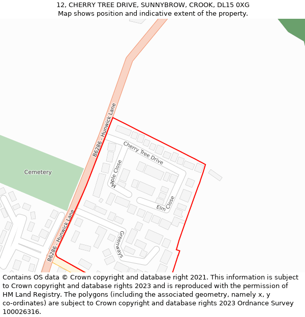 12, CHERRY TREE DRIVE, SUNNYBROW, CROOK, DL15 0XG: Location map and indicative extent of plot