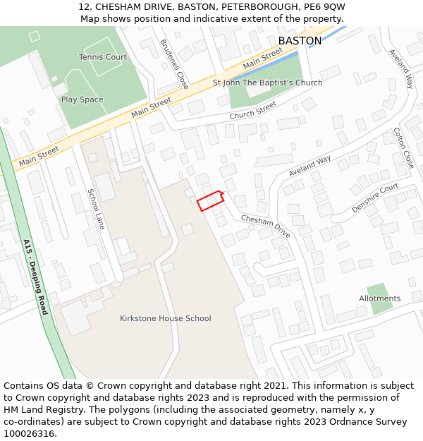 12, CHESHAM DRIVE, BASTON, PETERBOROUGH, PE6 9QW: Location map and indicative extent of plot