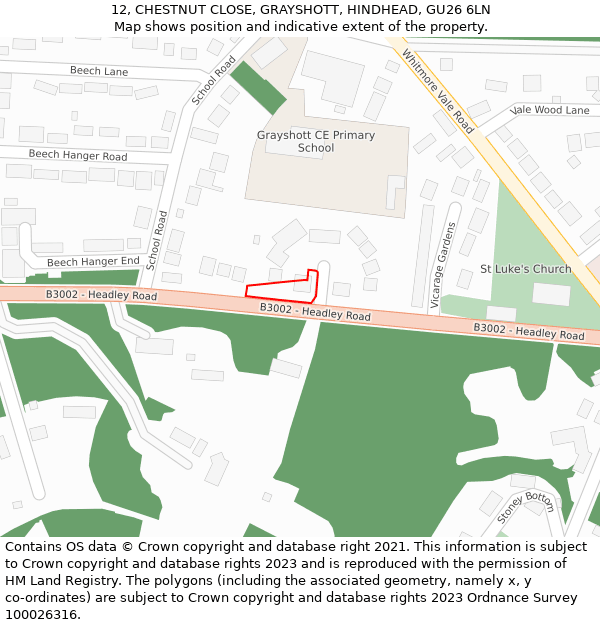 12, CHESTNUT CLOSE, GRAYSHOTT, HINDHEAD, GU26 6LN: Location map and indicative extent of plot