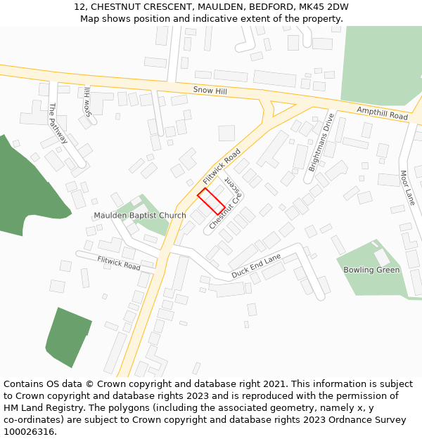 12, CHESTNUT CRESCENT, MAULDEN, BEDFORD, MK45 2DW: Location map and indicative extent of plot