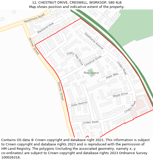 12, CHESTNUT DRIVE, CRESWELL, WORKSOP, S80 4LB: Location map and indicative extent of plot