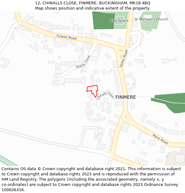 12, CHINALLS CLOSE, FINMERE, BUCKINGHAM, MK18 4BQ: Location map and indicative extent of plot