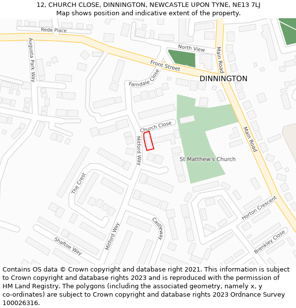 12, CHURCH CLOSE, DINNINGTON, NEWCASTLE UPON TYNE, NE13 7LJ: Location map and indicative extent of plot