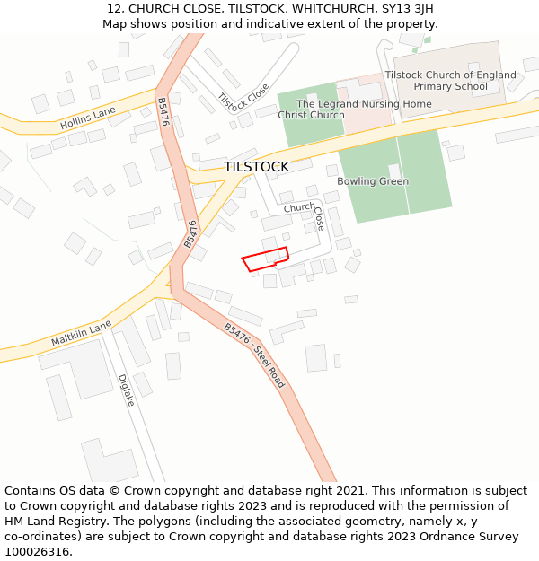 12, CHURCH CLOSE, TILSTOCK, WHITCHURCH, SY13 3JH: Location map and indicative extent of plot