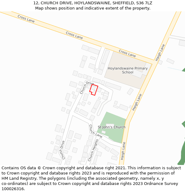 12, CHURCH DRIVE, HOYLANDSWAINE, SHEFFIELD, S36 7LZ: Location map and indicative extent of plot