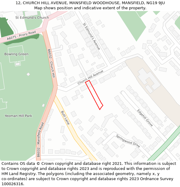 12, CHURCH HILL AVENUE, MANSFIELD WOODHOUSE, MANSFIELD, NG19 9JU: Location map and indicative extent of plot