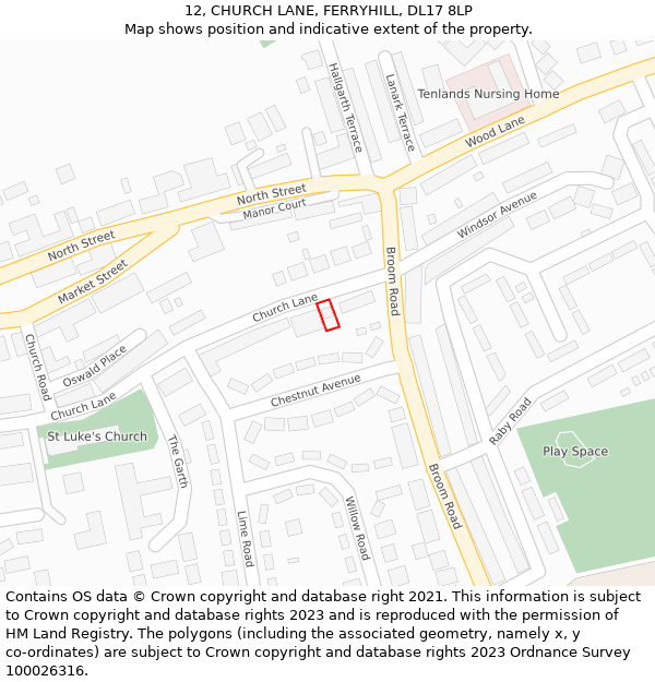 12, CHURCH LANE, FERRYHILL, DL17 8LP: Location map and indicative extent of plot