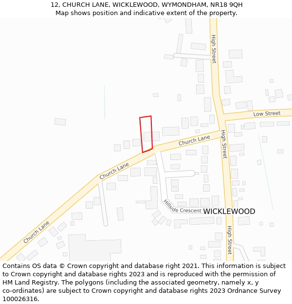 12, CHURCH LANE, WICKLEWOOD, WYMONDHAM, NR18 9QH: Location map and indicative extent of plot