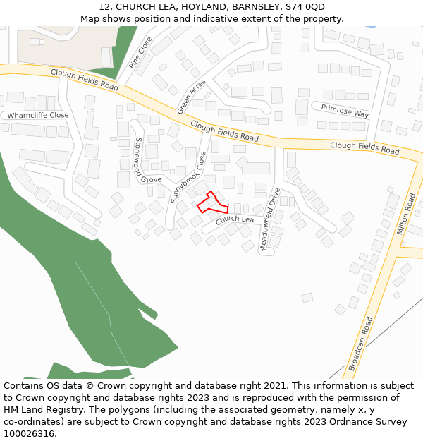 12, CHURCH LEA, HOYLAND, BARNSLEY, S74 0QD: Location map and indicative extent of plot