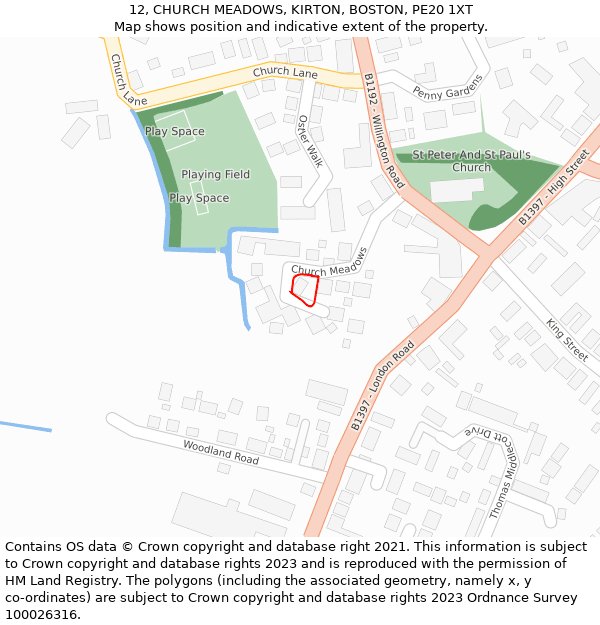 12, CHURCH MEADOWS, KIRTON, BOSTON, PE20 1XT: Location map and indicative extent of plot