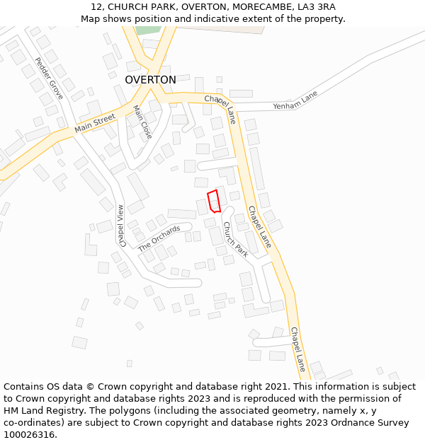 12, CHURCH PARK, OVERTON, MORECAMBE, LA3 3RA: Location map and indicative extent of plot