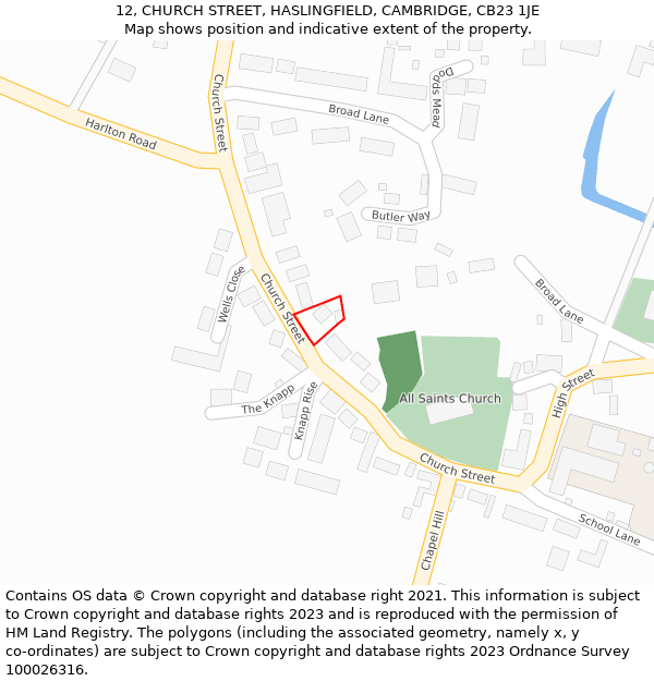12, CHURCH STREET, HASLINGFIELD, CAMBRIDGE, CB23 1JE: Location map and indicative extent of plot