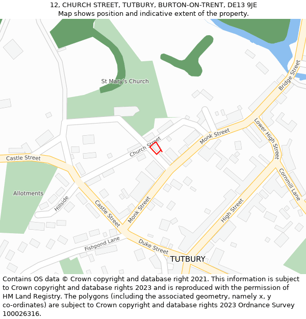 12, CHURCH STREET, TUTBURY, BURTON-ON-TRENT, DE13 9JE: Location map and indicative extent of plot