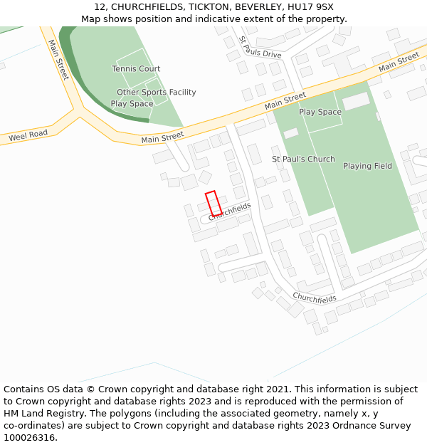 12, CHURCHFIELDS, TICKTON, BEVERLEY, HU17 9SX: Location map and indicative extent of plot