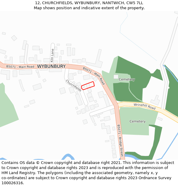 12, CHURCHFIELDS, WYBUNBURY, NANTWICH, CW5 7LL: Location map and indicative extent of plot