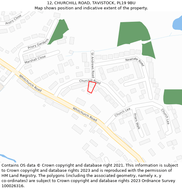12, CHURCHILL ROAD, TAVISTOCK, PL19 9BU: Location map and indicative extent of plot