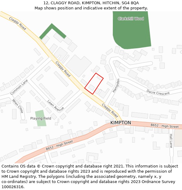 12, CLAGGY ROAD, KIMPTON, HITCHIN, SG4 8QA: Location map and indicative extent of plot
