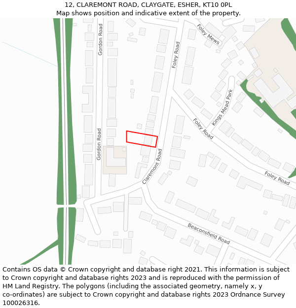 12, CLAREMONT ROAD, CLAYGATE, ESHER, KT10 0PL: Location map and indicative extent of plot