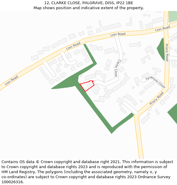 12, CLARKE CLOSE, PALGRAVE, DISS, IP22 1BE: Location map and indicative extent of plot