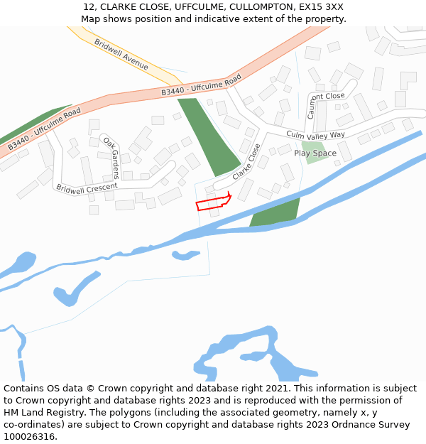 12, CLARKE CLOSE, UFFCULME, CULLOMPTON, EX15 3XX: Location map and indicative extent of plot