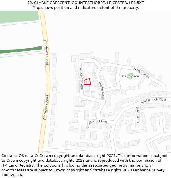 12, CLARKE CRESCENT, COUNTESTHORPE, LEICESTER, LE8 5XT: Location map and indicative extent of plot
