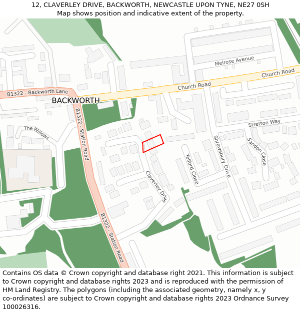 12, CLAVERLEY DRIVE, BACKWORTH, NEWCASTLE UPON TYNE, NE27 0SH: Location map and indicative extent of plot