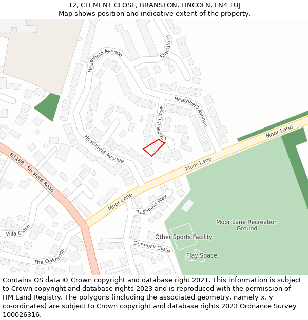 12, CLEMENT CLOSE, BRANSTON, LINCOLN, LN4 1UJ: Location map and indicative extent of plot